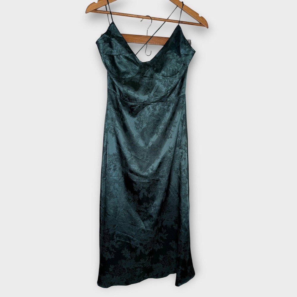 Rihoas Slip Dress Adjustable Corset Back Green Jacquard Floral Midi Size Small
